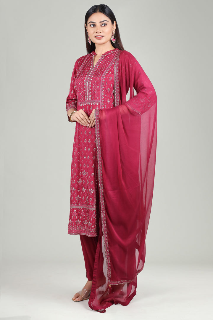 Maroon Cotton Straight Printed Kurta Pant Suit Set