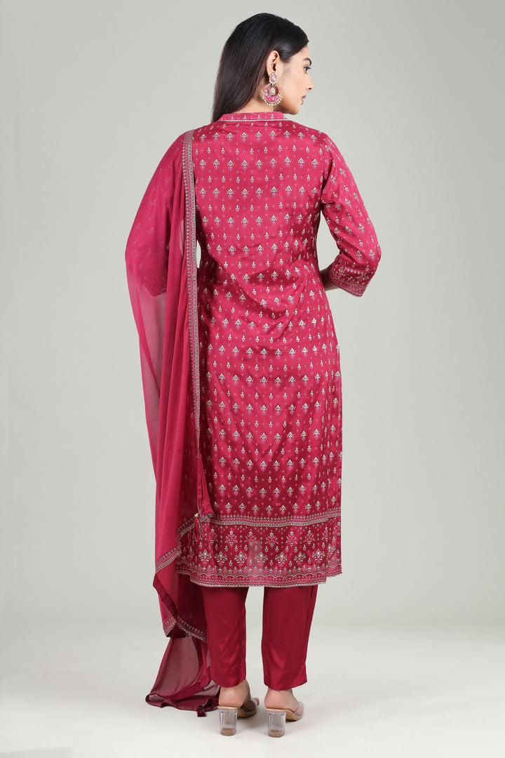 Maroon Cotton Straight Printed Kurta Pant Suit Set