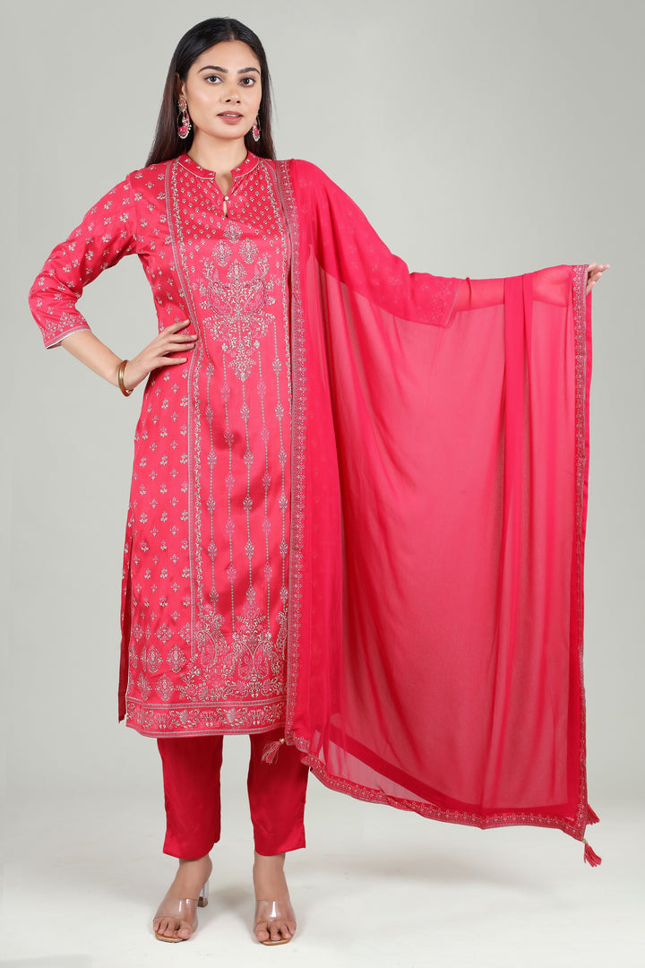 Red Cotton Straight Printed Kurta Pant Suit Set