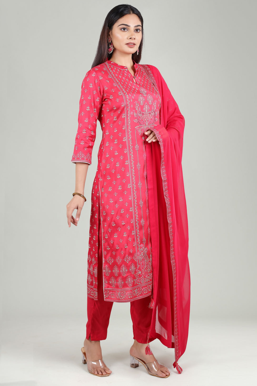 Red Cotton Straight Printed Kurta Pant Suit Set