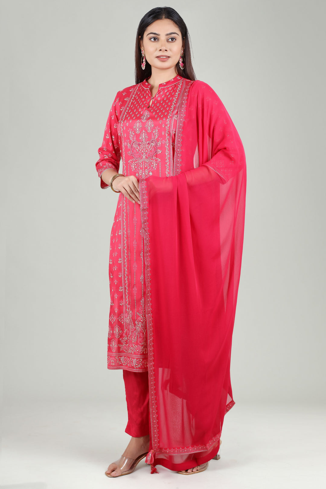 Red Cotton Straight Printed Kurta Pant Suit Set