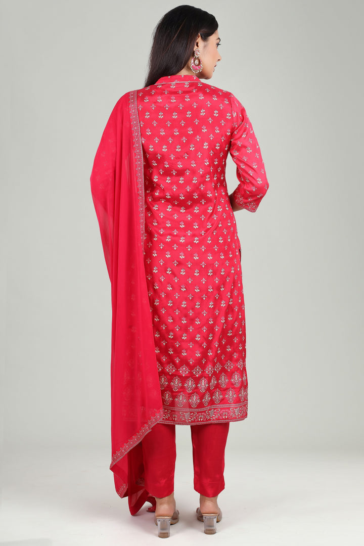 Red Cotton Straight Printed Kurta Pant Suit Set