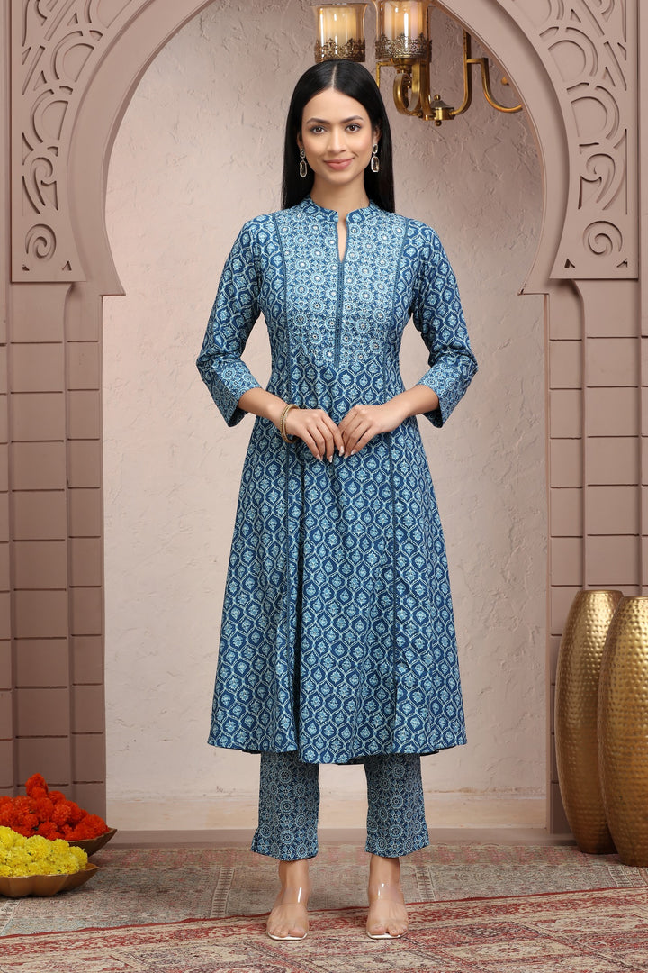 Sky Blue Cotton Printed A Line Kurta Pant Co ord Set