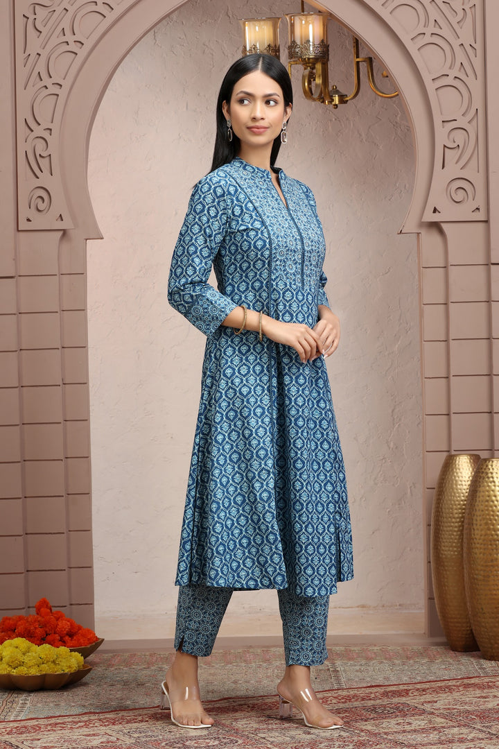 Sky Blue Cotton Printed A Line Kurta Pant Co ord Set