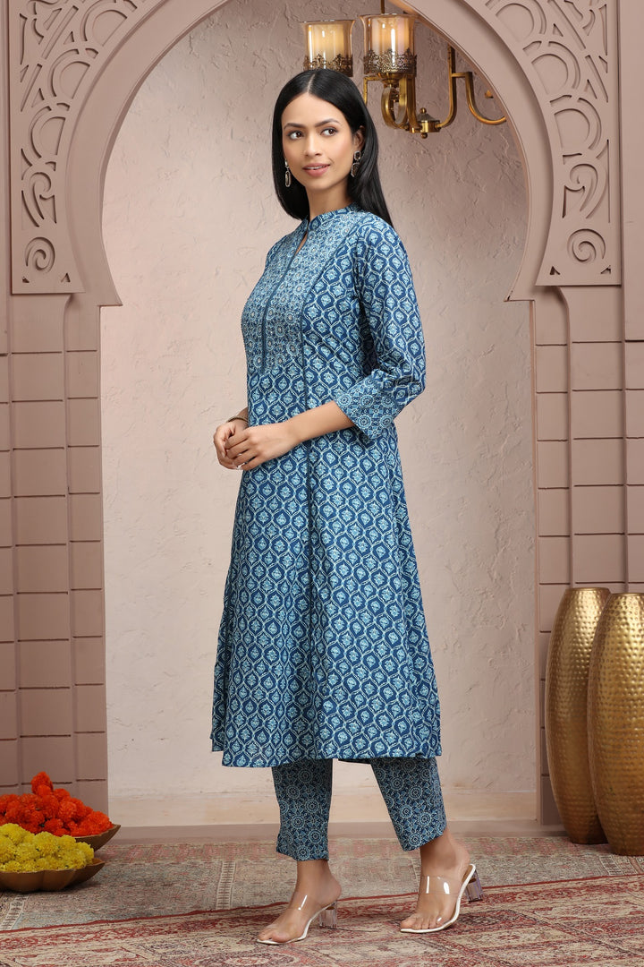 Sky Blue Cotton Printed A Line Kurta Pant Co ord Set