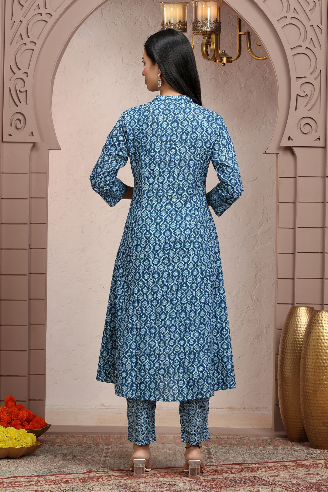 Sky Blue Cotton Printed A Line Kurta Pant Co ord Set