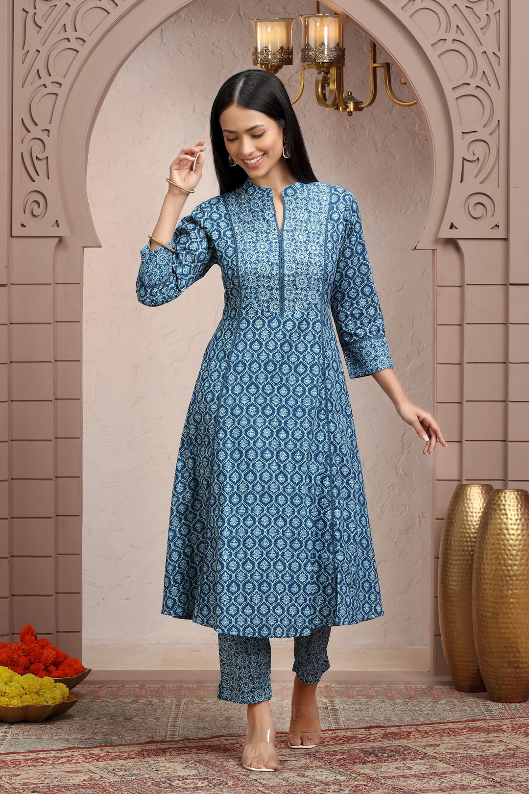 Sky Blue Cotton Printed A Line Kurta Pant Co ord Set