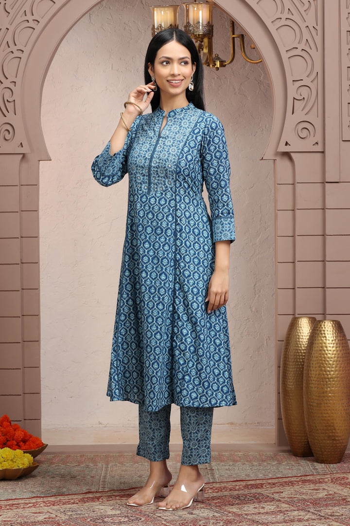 Sky Blue Cotton Printed A Line Kurta Pant Co ord Set