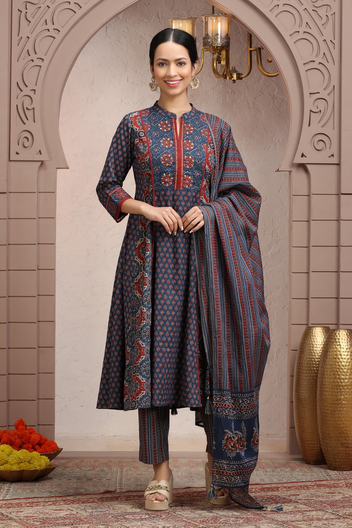 Navy Blue Cotton A line Printed Kurta Pant Suit Set