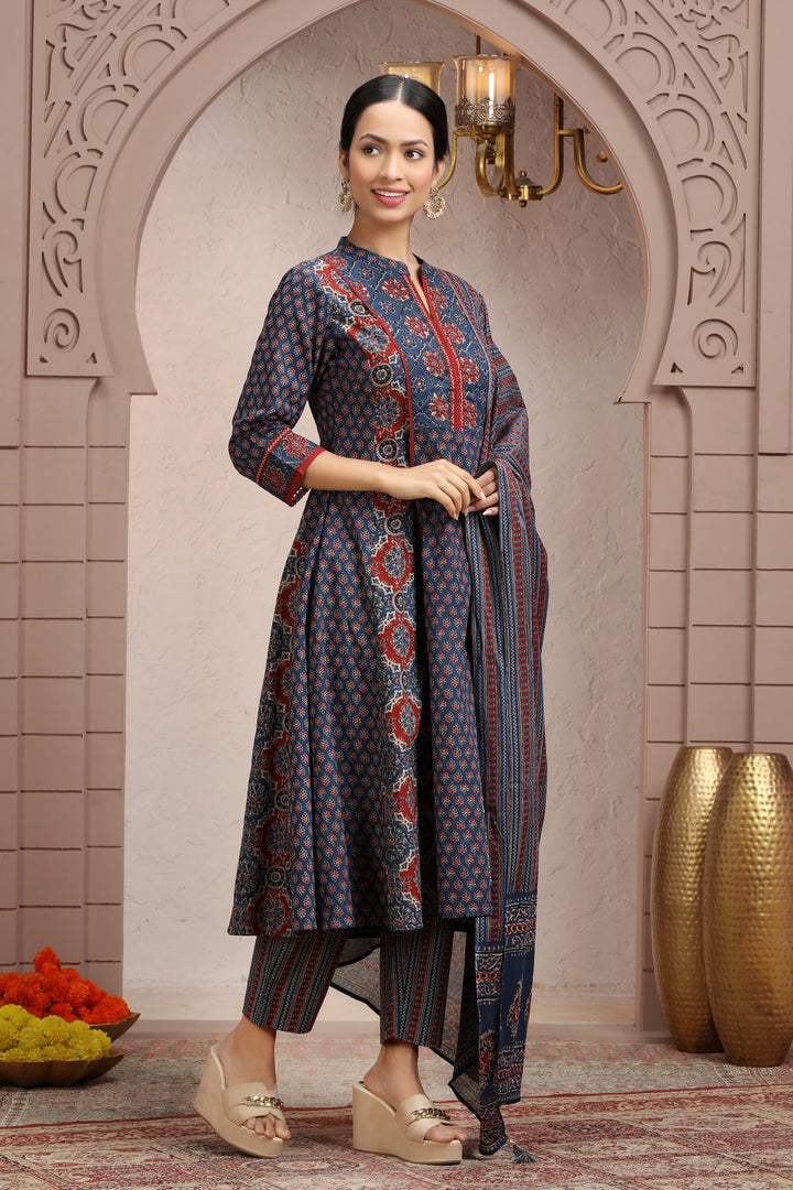 Navy Blue Cotton A line Printed Kurta Pant Suit Set