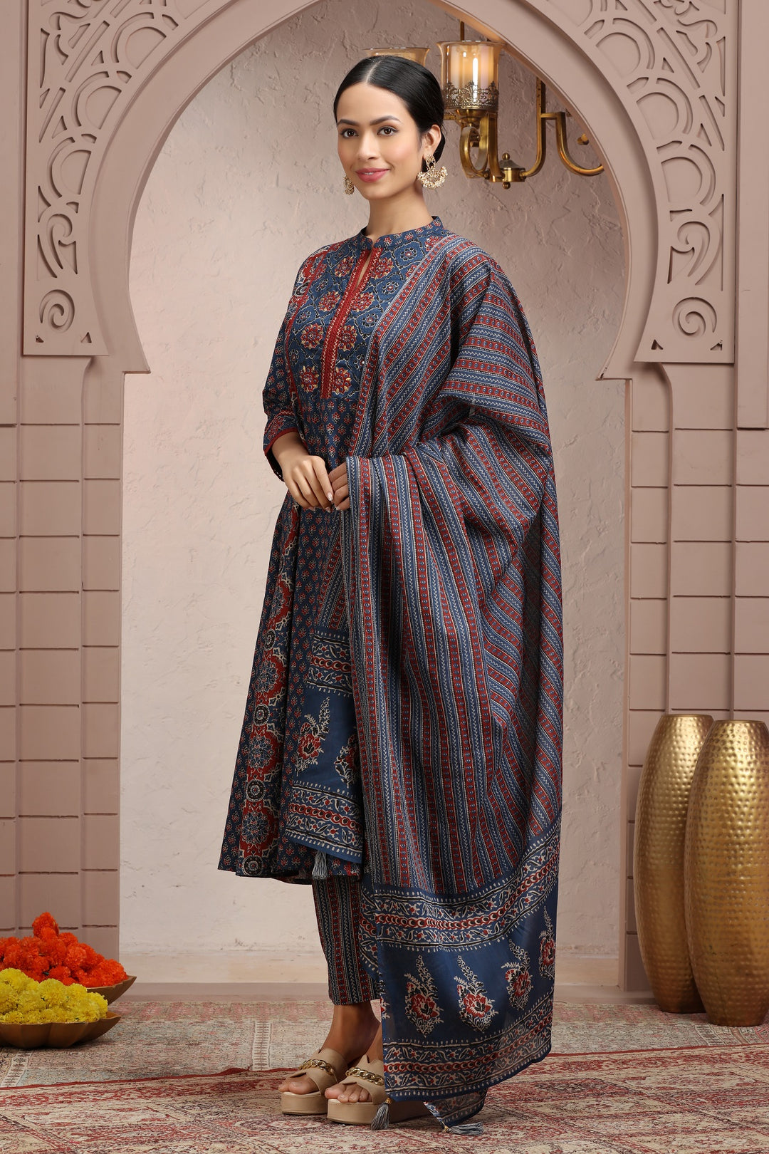 Navy Blue Cotton A line Printed Kurta Pant Suit Set