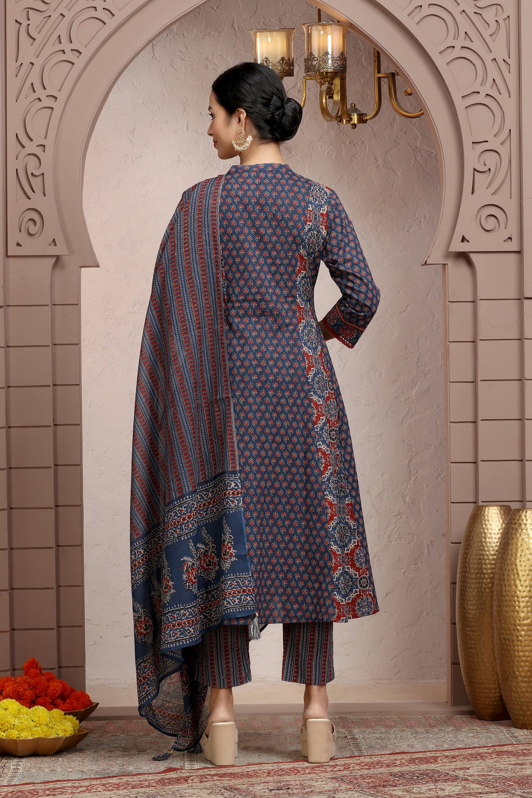 Navy Blue Cotton A line Printed Kurta Pant Suit Set