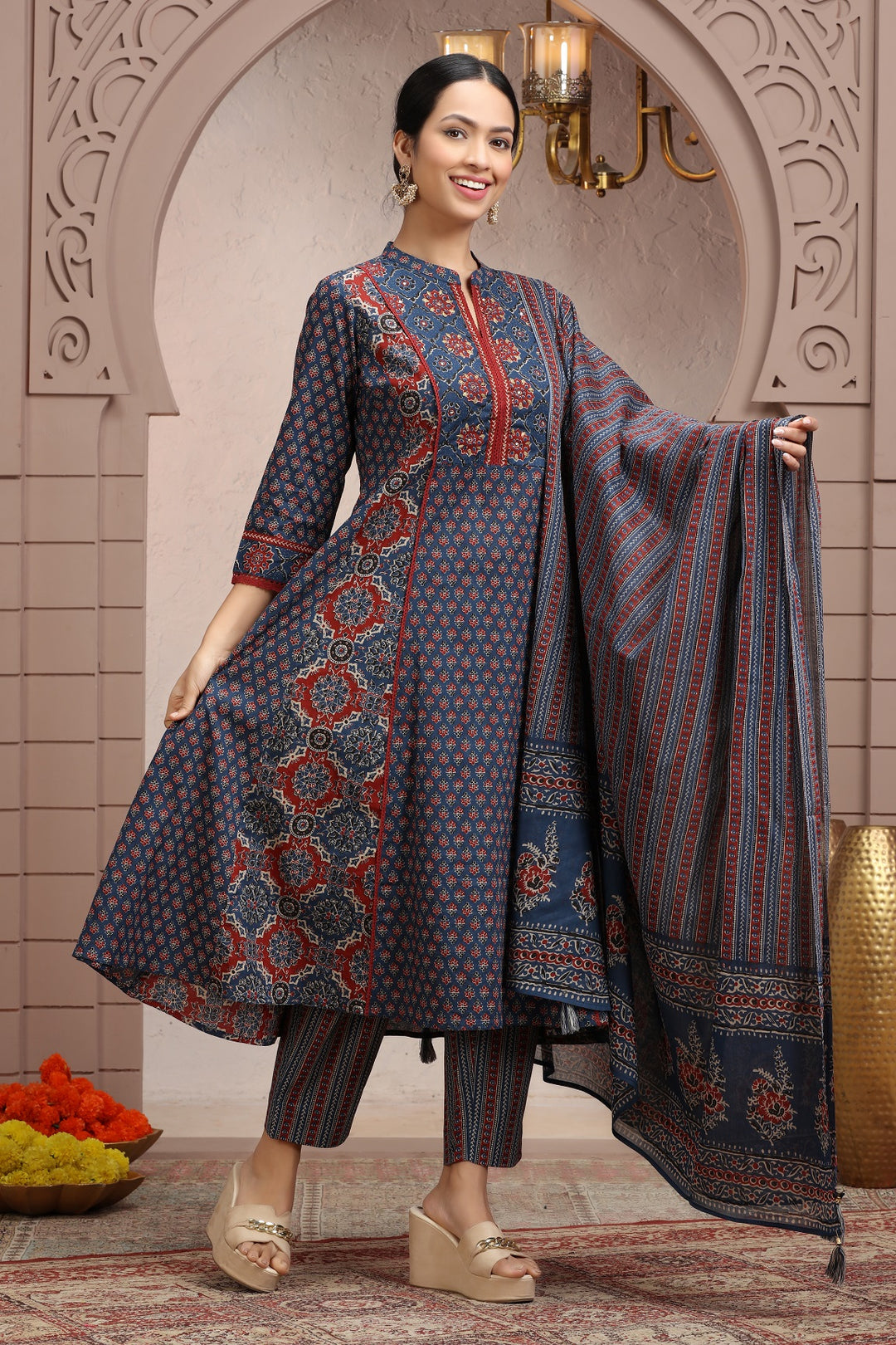 Navy Blue Cotton A line Printed Kurta Pant Suit Set