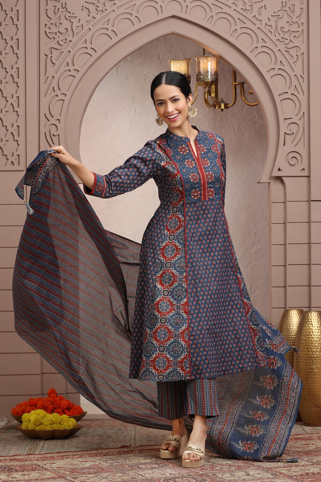 Navy Blue Cotton A line Printed Kurta Pant Suit Set