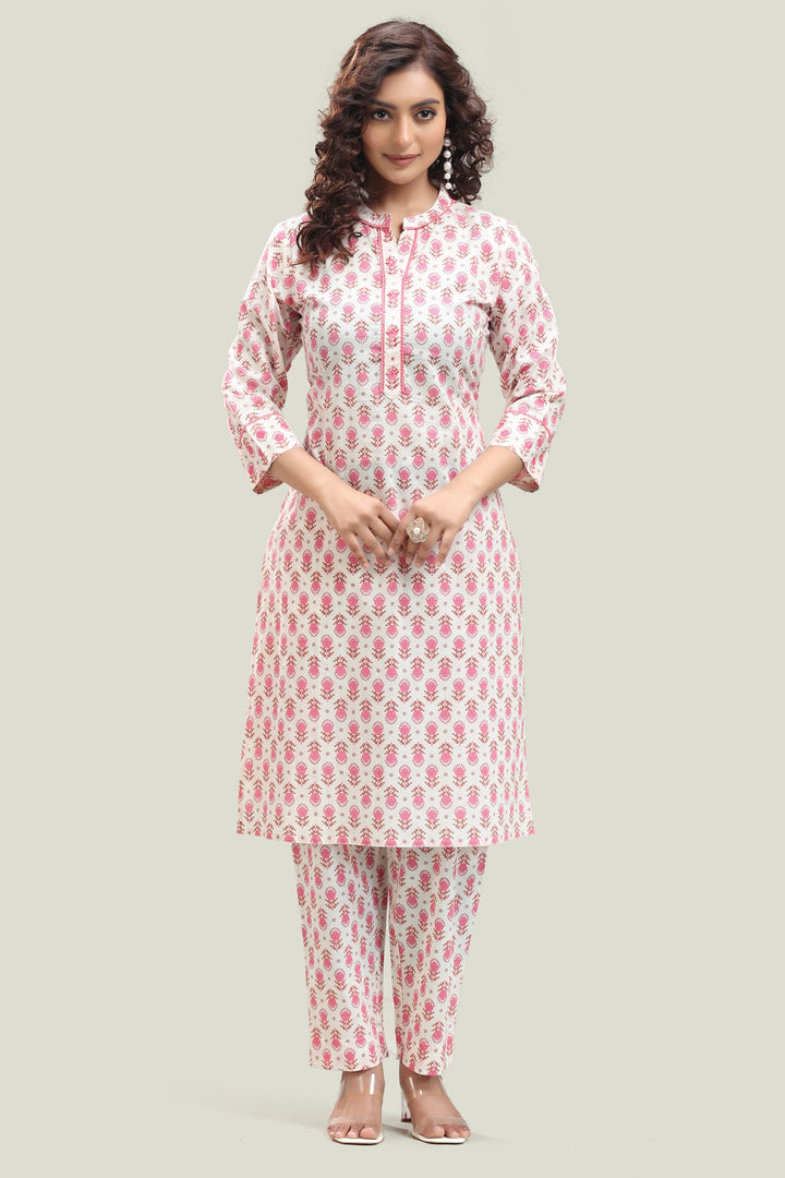 Off White Cotton Printed Straight Kurta Pant Co ord Set