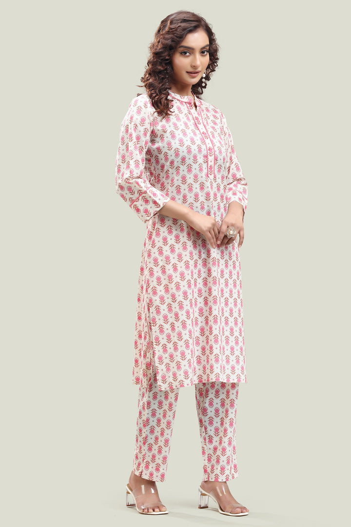 Off White Cotton Printed Straight Kurta Pant Co ord Set