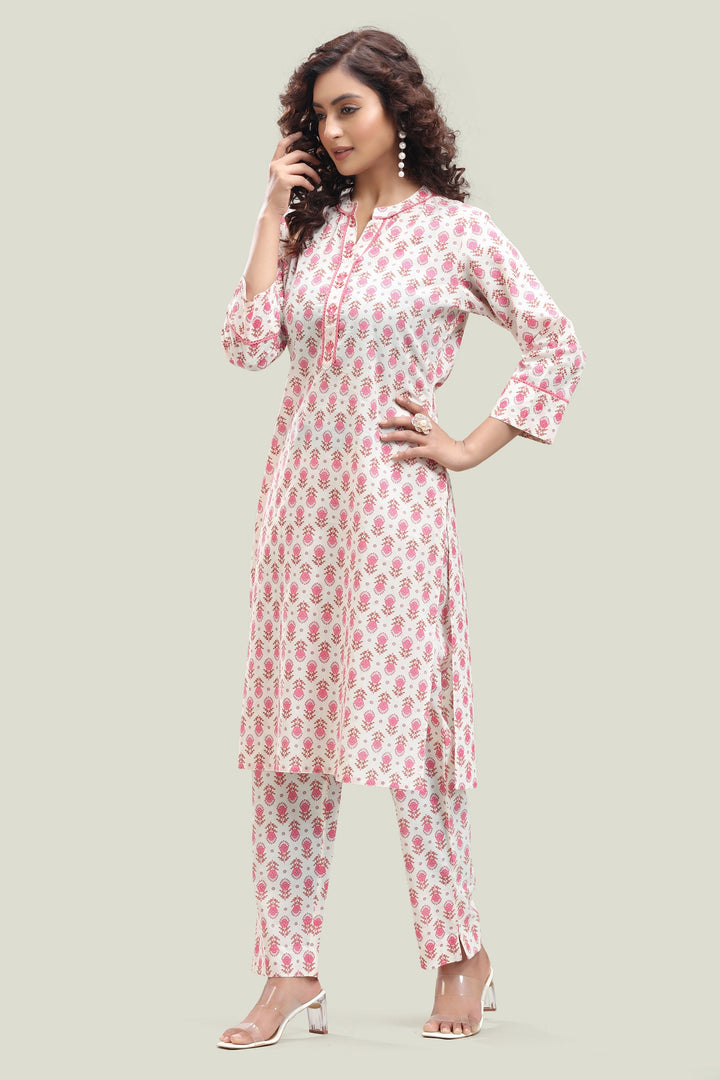 Off White Cotton Printed Straight Kurta Pant Co ord Set