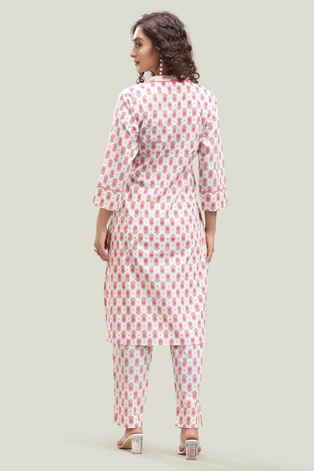 Off White Cotton Printed Straight Kurta Pant Co ord Set