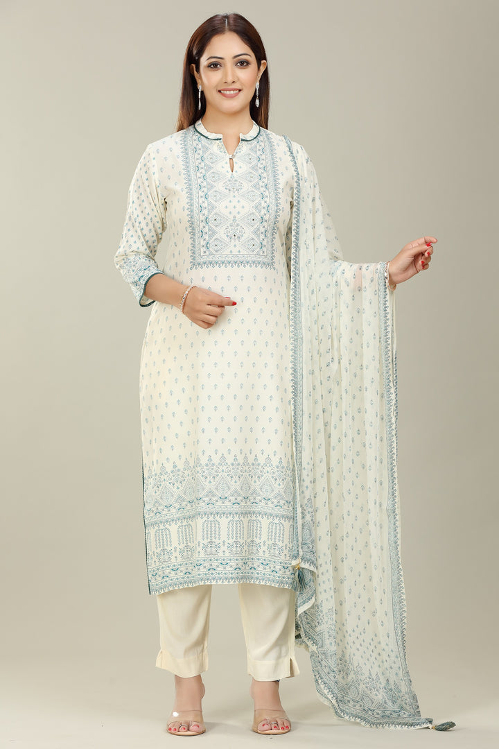 Cream Cotton Straight Kurta Pants Suit Set