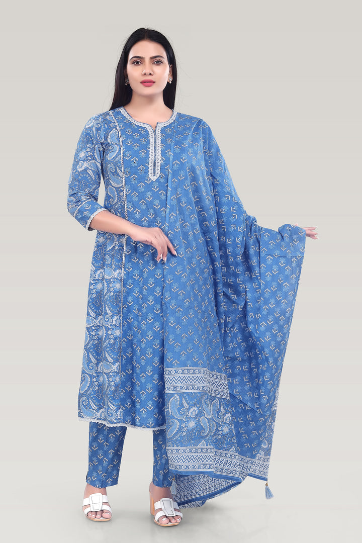 Sky Blue Cotton A Line Printed Kurta Pant Suit Set