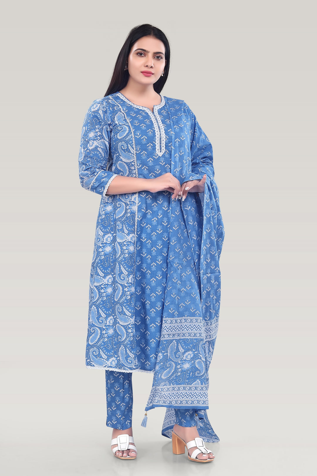 Sky Blue Cotton A Line Printed Kurta Pant Suit Set