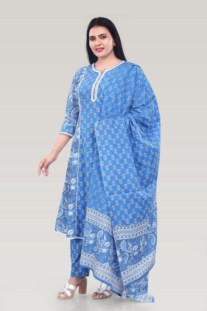 Sky Blue Cotton A Line Printed Kurta Pant Suit Set