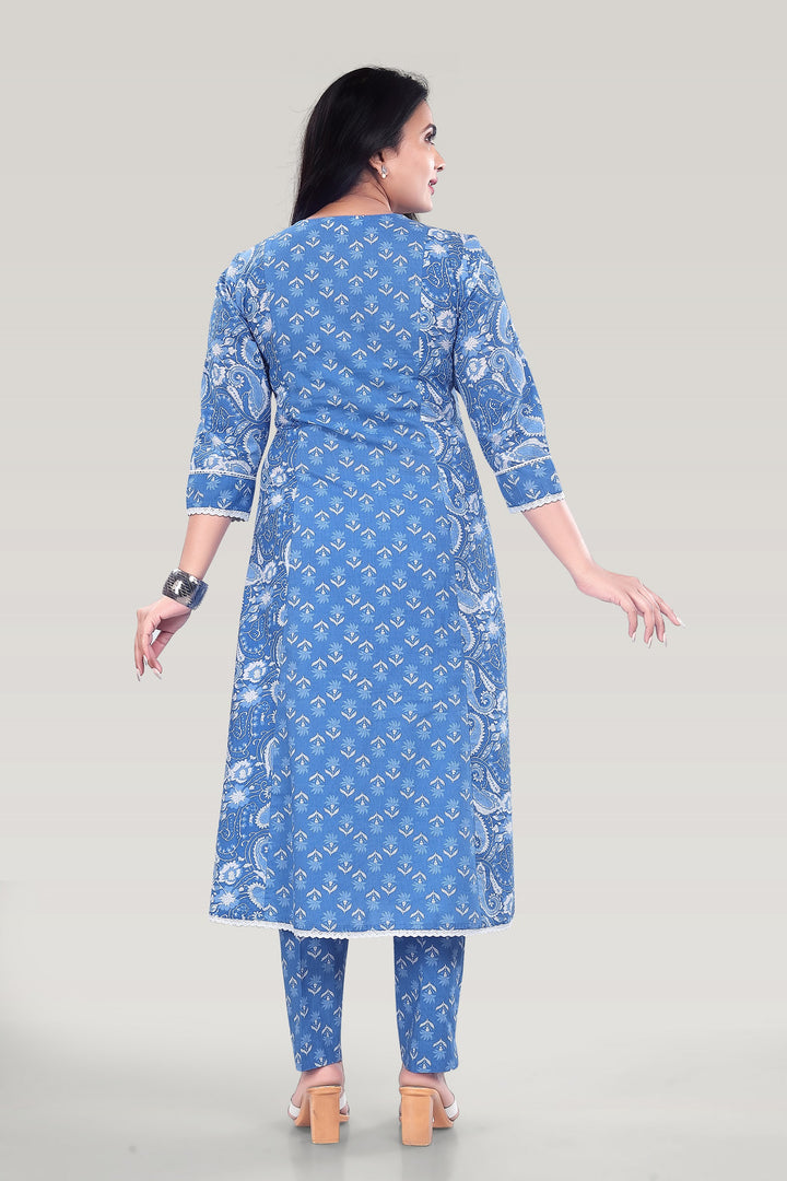 Sky Blue Cotton A Line Printed Kurta Pant Suit Set