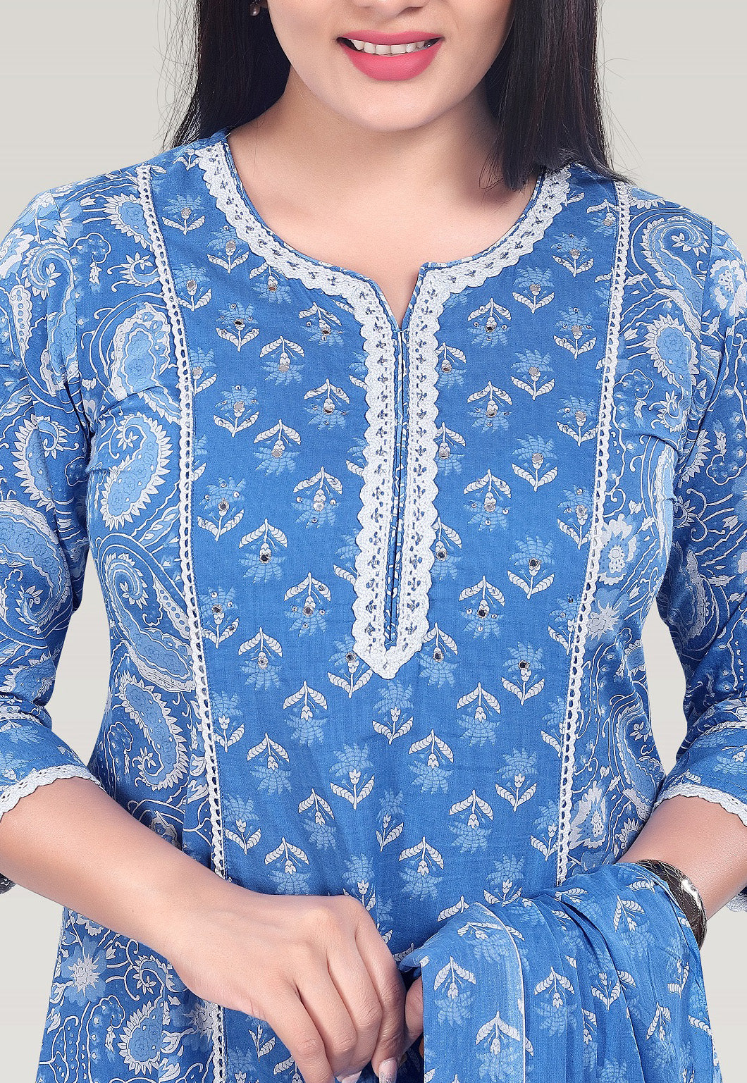 Sky Blue Cotton A Line Printed Kurta Pant Suit Set