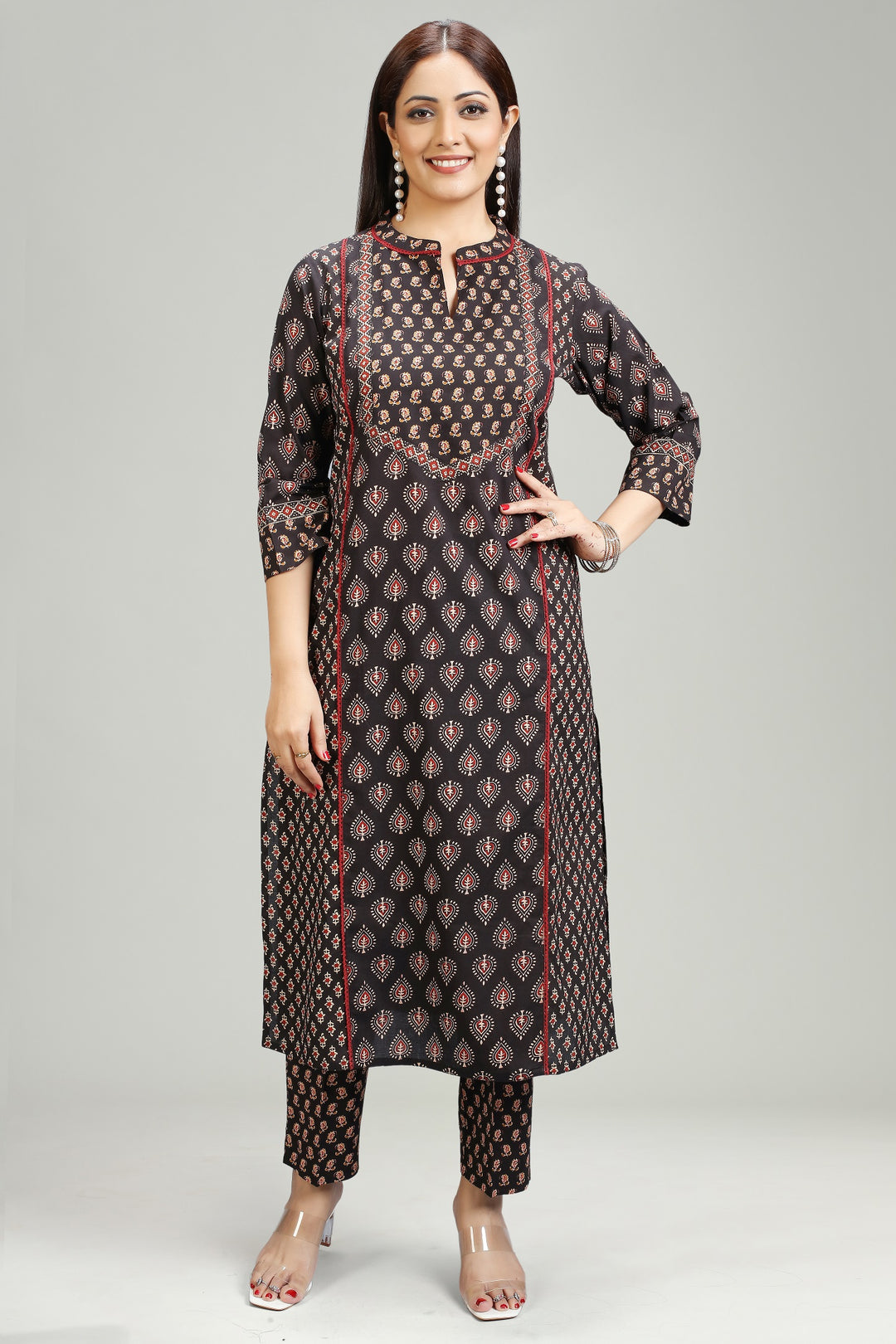 Black & Gold Cotton A Line Printed Kurta Pant Co ord Set