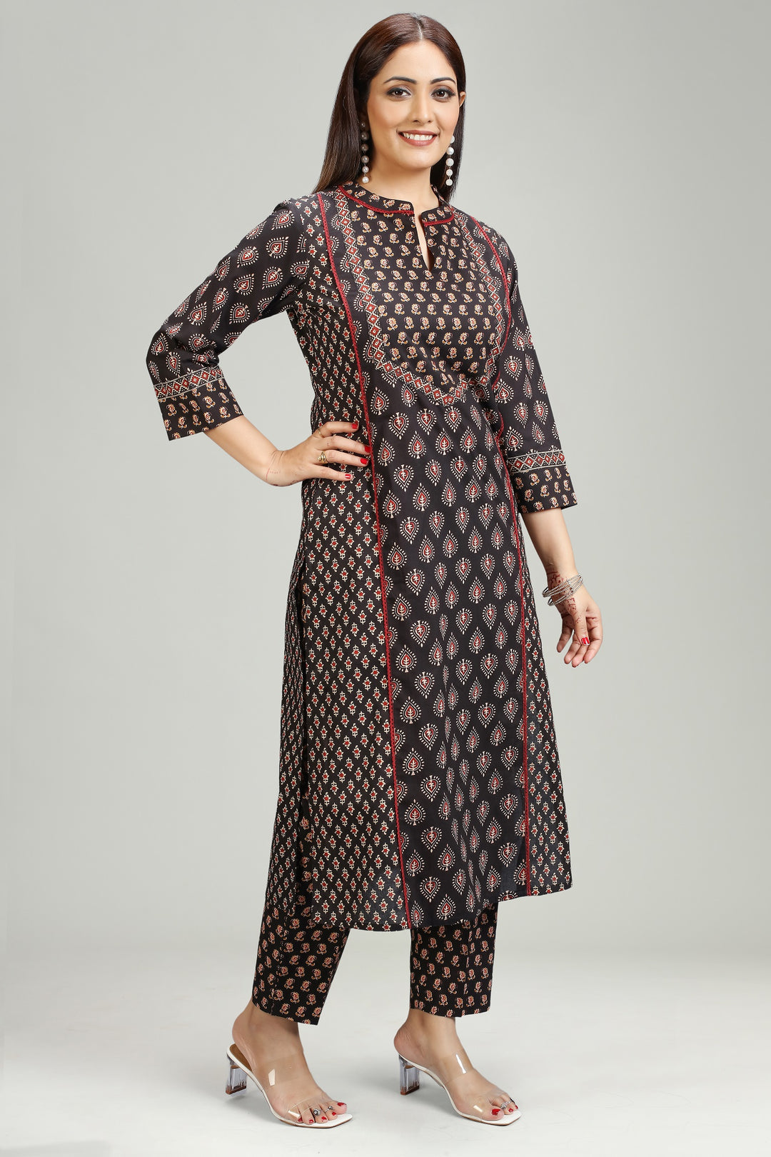 Black & Gold Cotton A Line Printed Kurta Pant Co ord Set