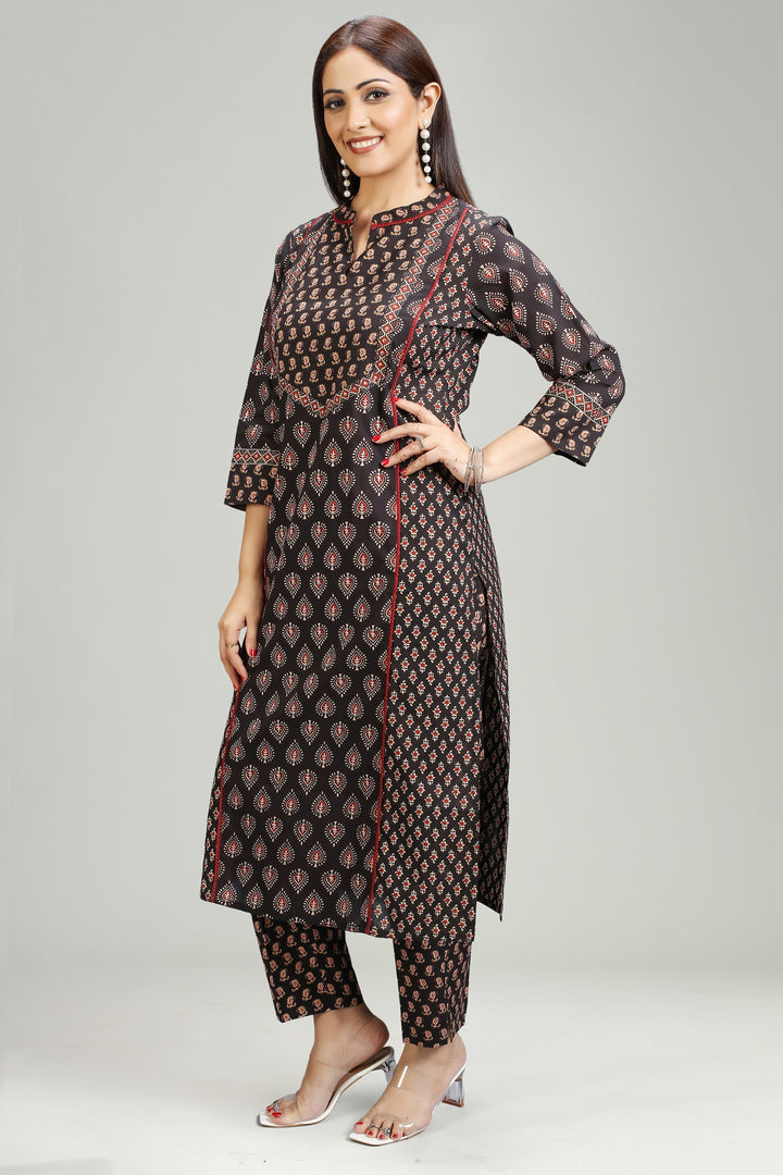 Black & Gold Cotton A Line Printed Kurta Pant Co ord Set