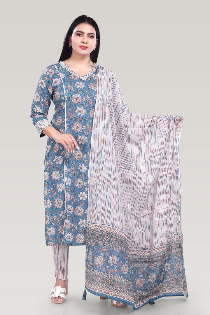 Sky Blue Cotton Printed A Line Kurta Pant Suit Set