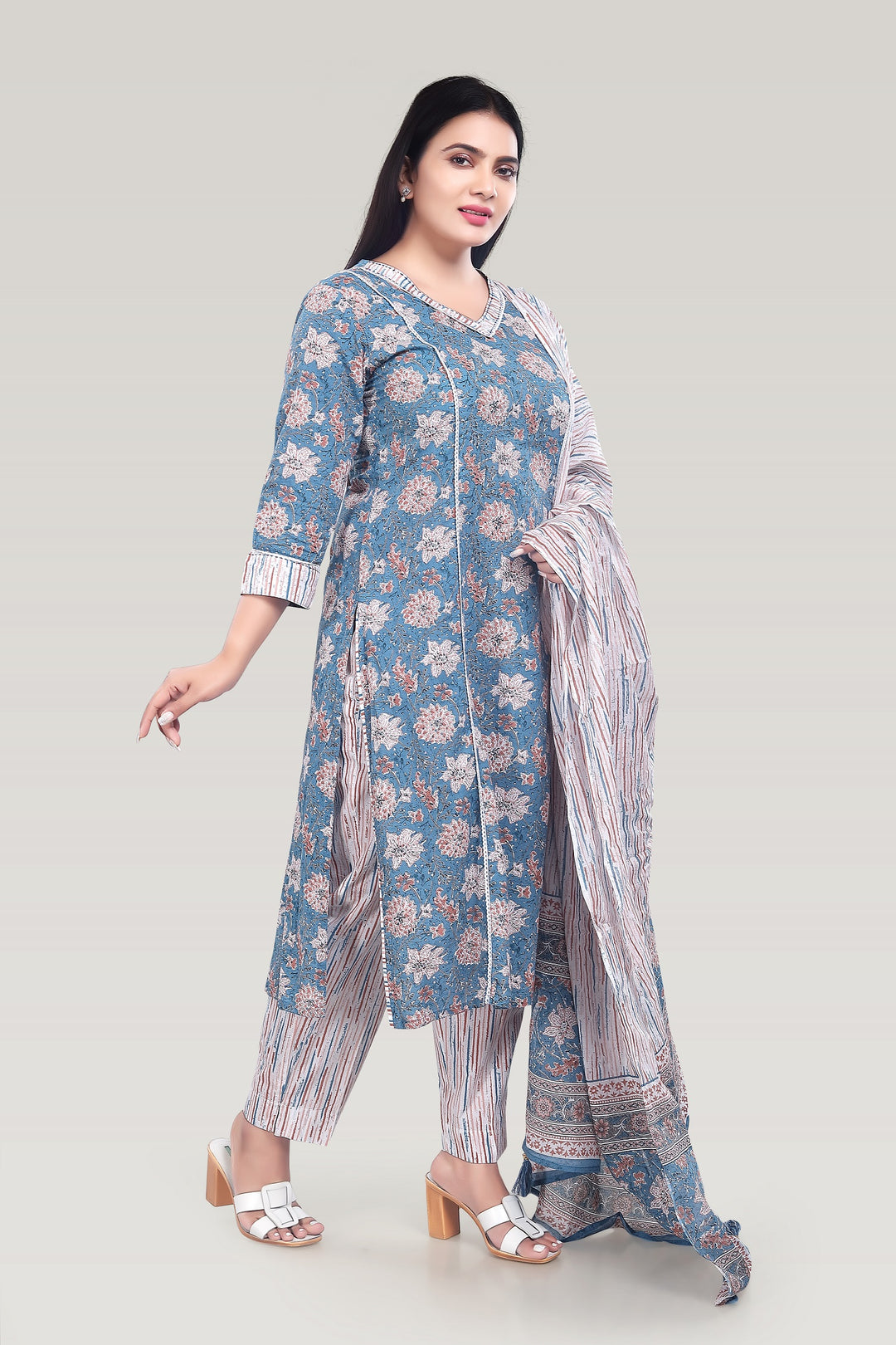 Sky Blue Cotton Printed A Line Kurta Pant Suit Set