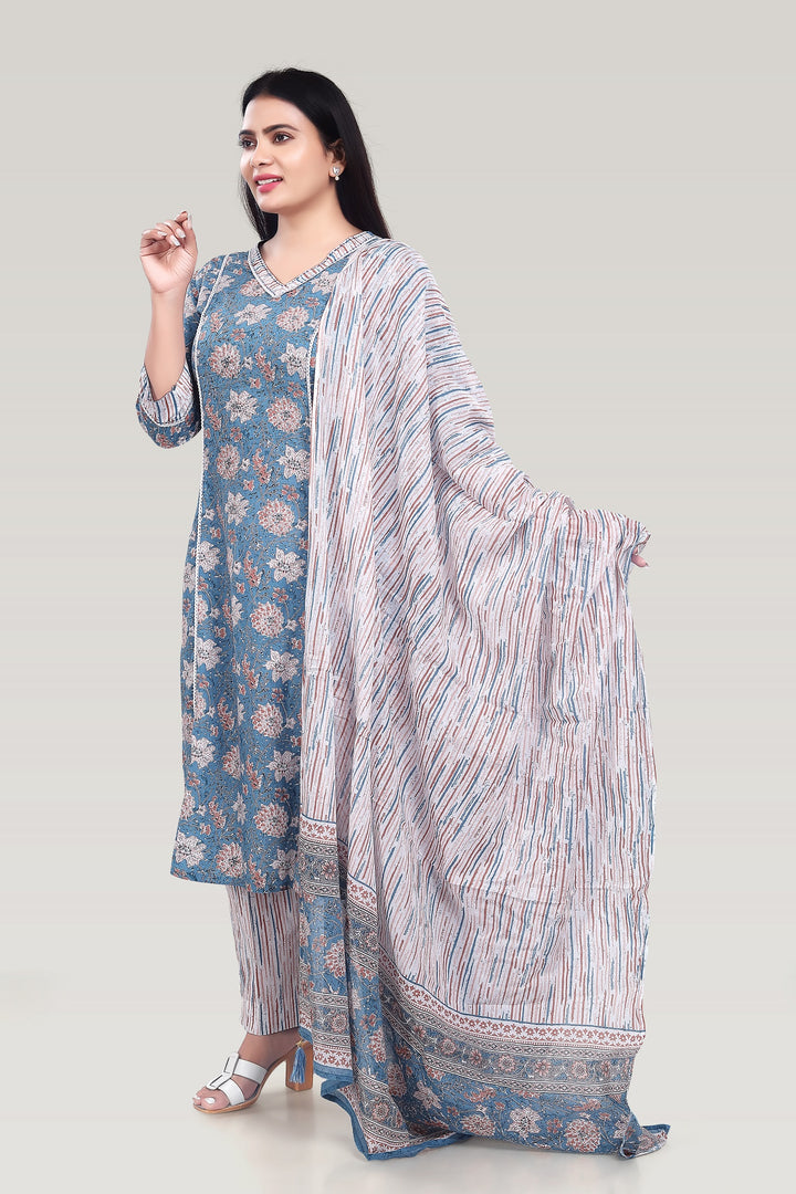 Sky Blue Cotton Printed A Line Kurta Pant Suit Set