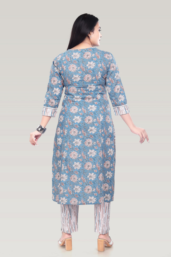 Sky Blue Cotton Printed A Line Kurta Pant Suit Set