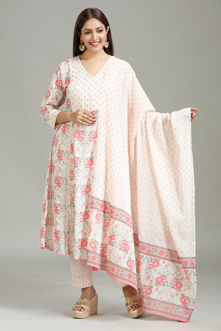 Off White Cotton Printed A Line Kurta Pants and Dupatta Set