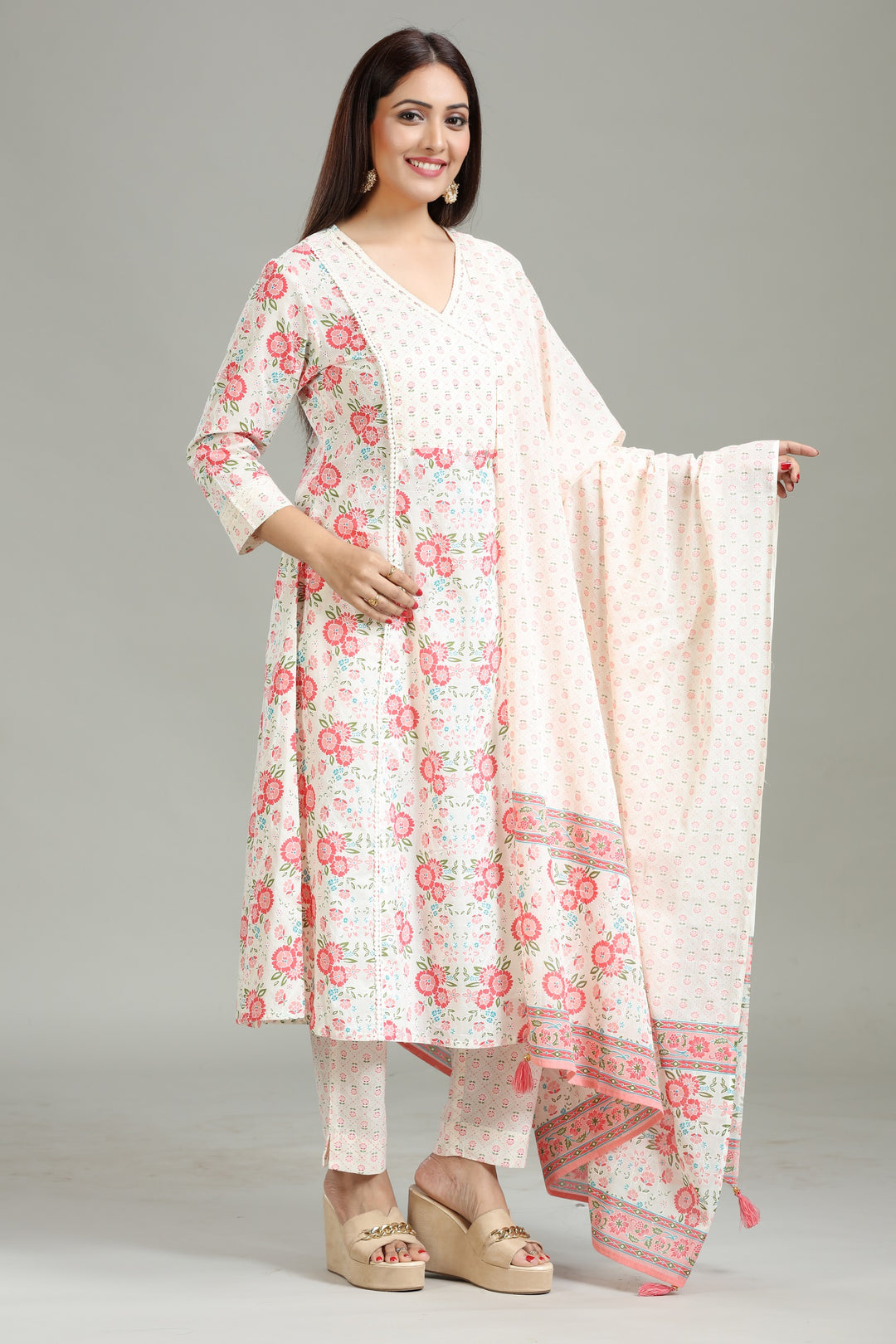 Off White Cotton Printed A Line Kurta Pants and Dupatta Set