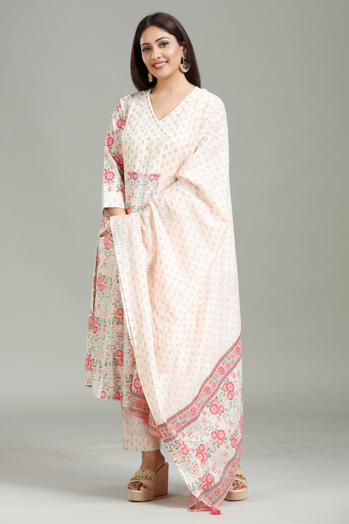 Off White Cotton Printed A Line Kurta Pants and Dupatta Set