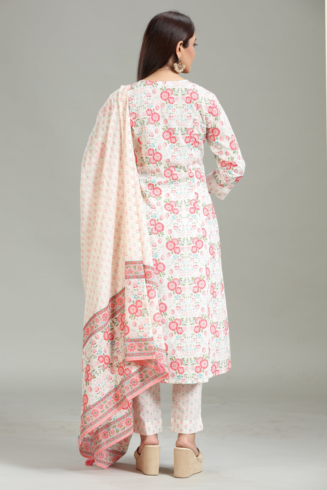 Off White Cotton Printed A Line Kurta Pants and Dupatta Set