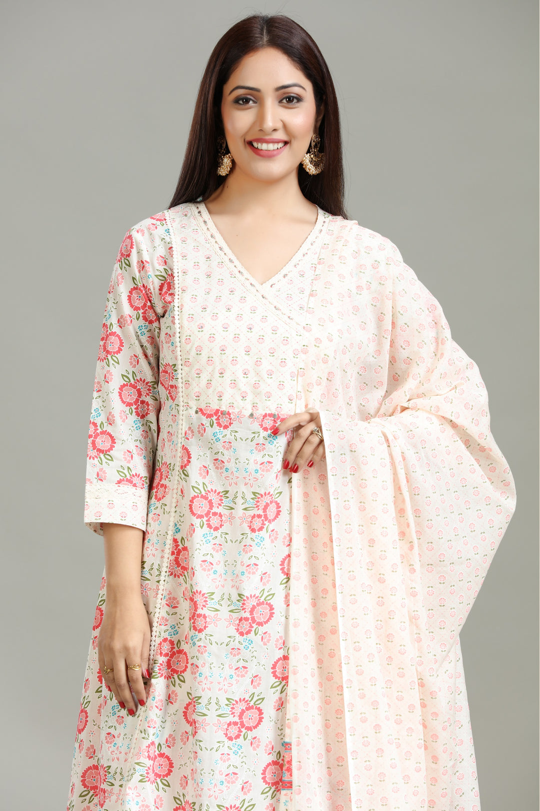 Off White Cotton Printed A Line Kurta Pants and Dupatta Set