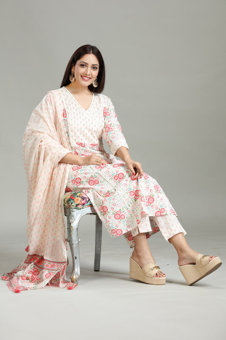 Off White Cotton Printed A Line Kurta Pants and Dupatta Set