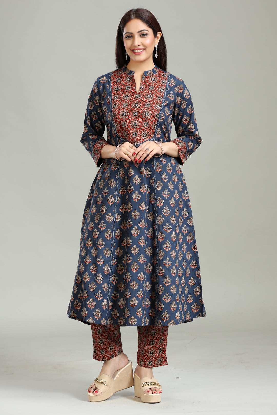 Navy Blue Cotton Printed A Line Kurta Pant Co ord Set