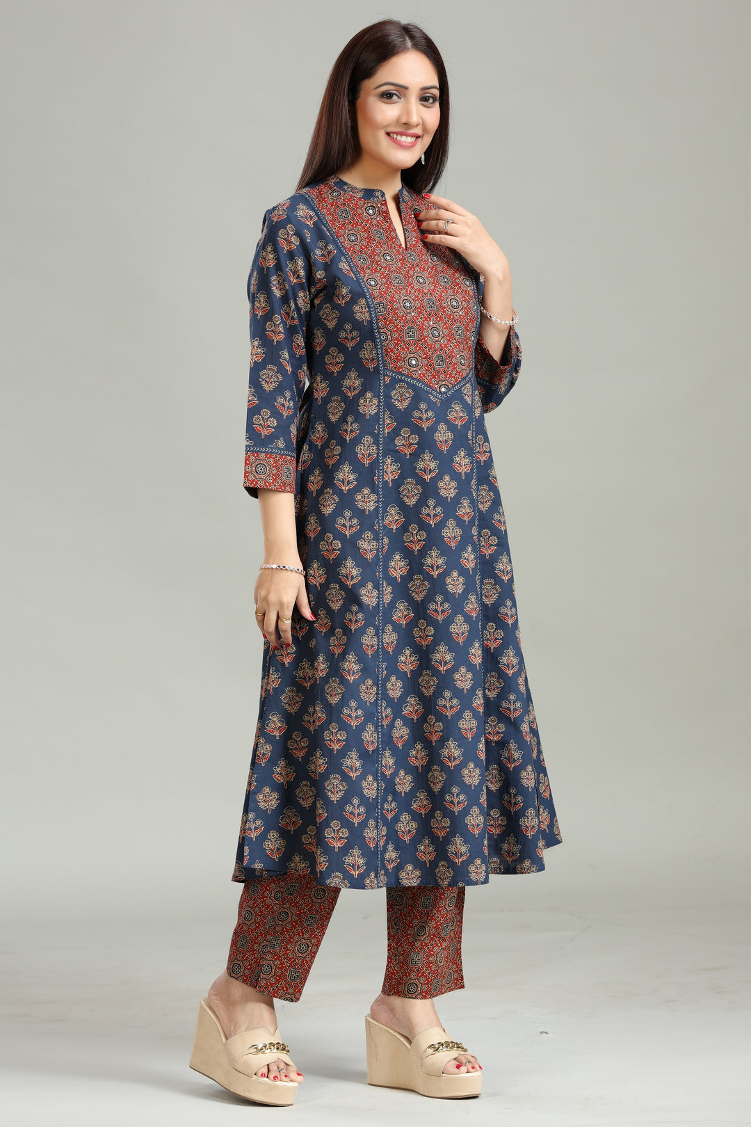 Navy Blue Cotton Printed A Line Kurta Pant Co ord Set