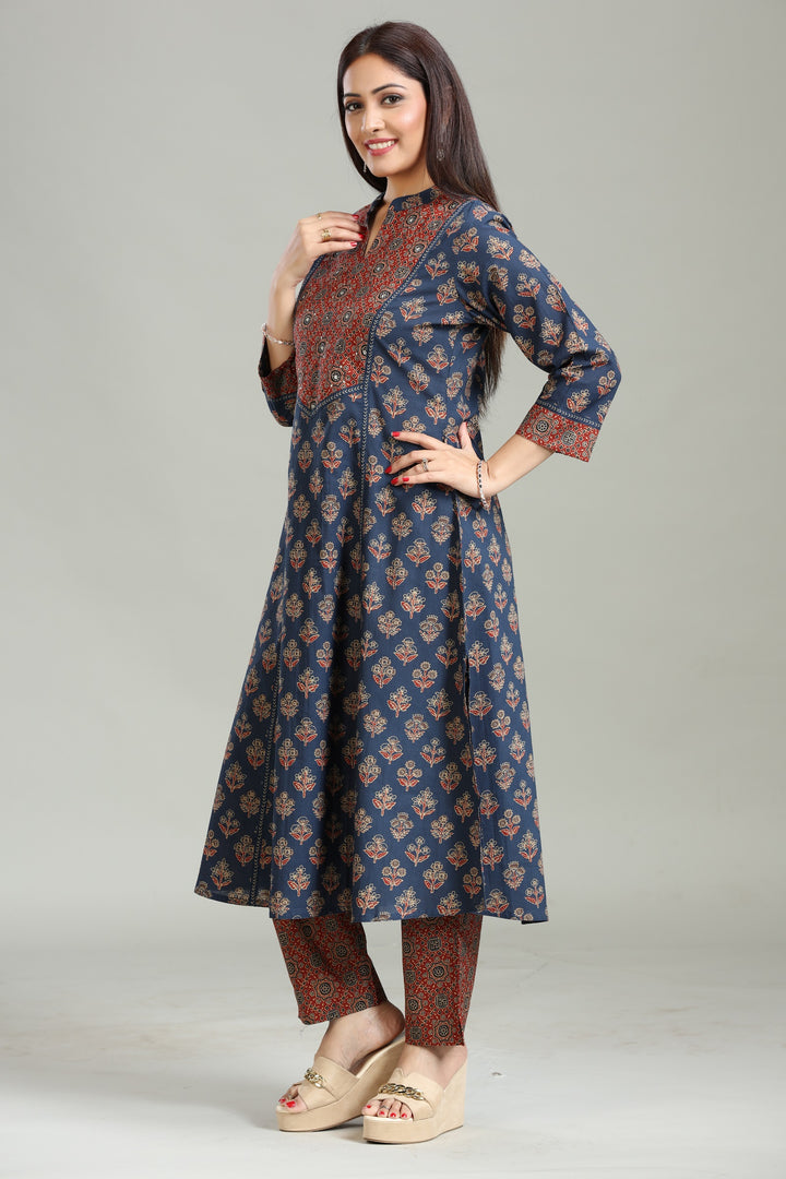 Navy Blue Cotton Printed A Line Kurta Pant Co ord Set