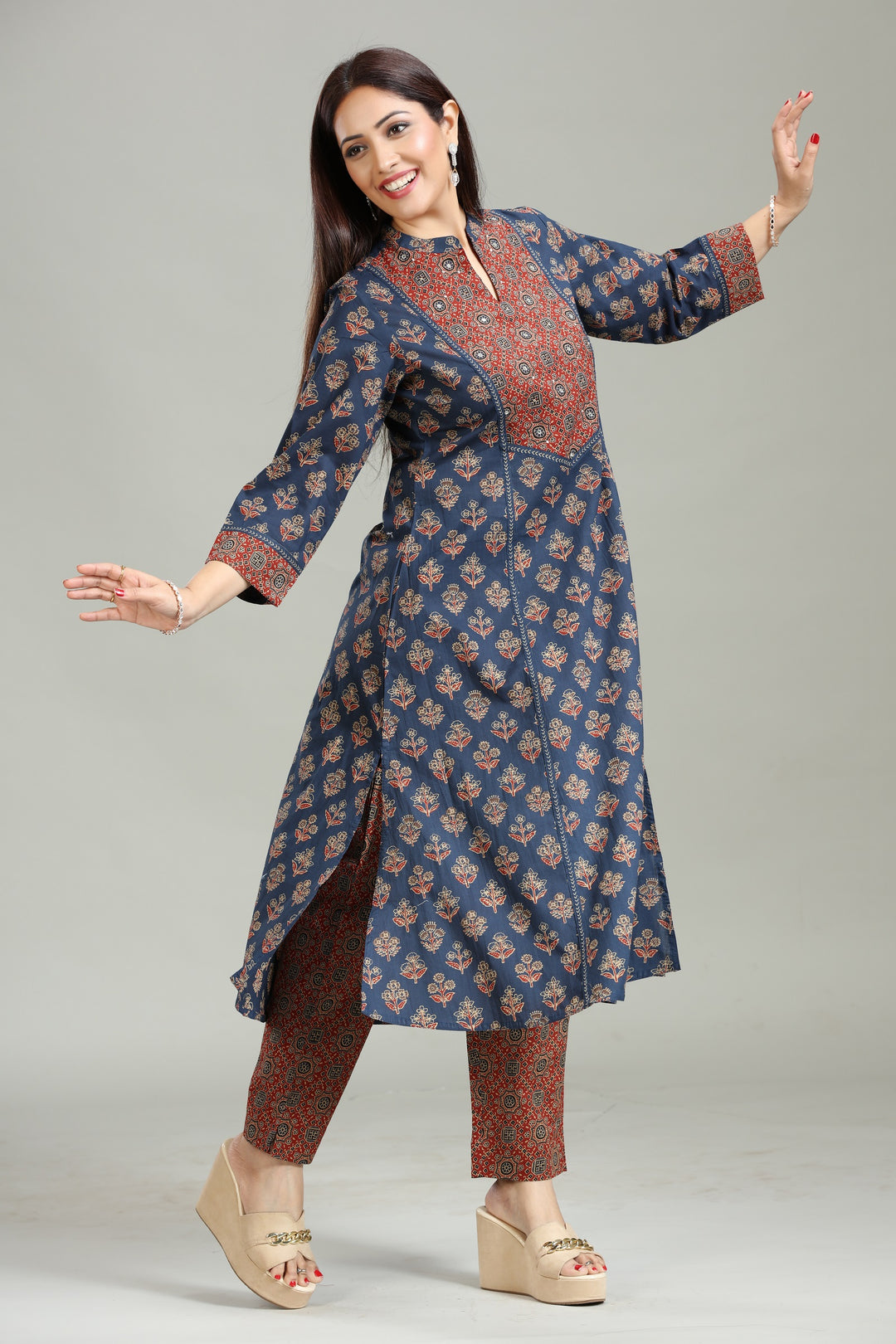 Navy Blue Cotton Printed A Line Kurta Pant Co ord Set