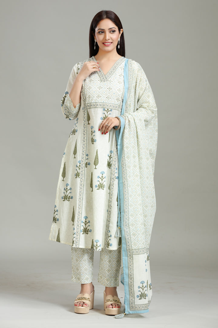 Cream Cotton Printed A Line Kurta Pants and Dupatta Set