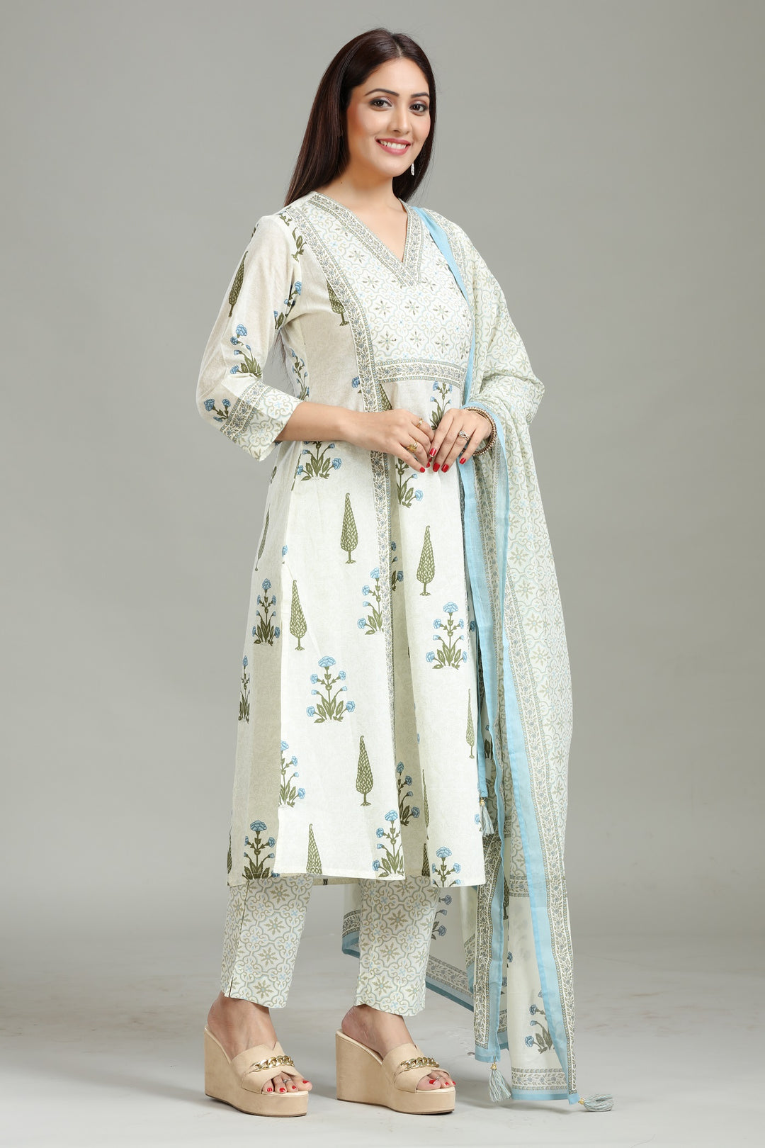 Cream Cotton Printed A Line Kurta Pants and Dupatta Set