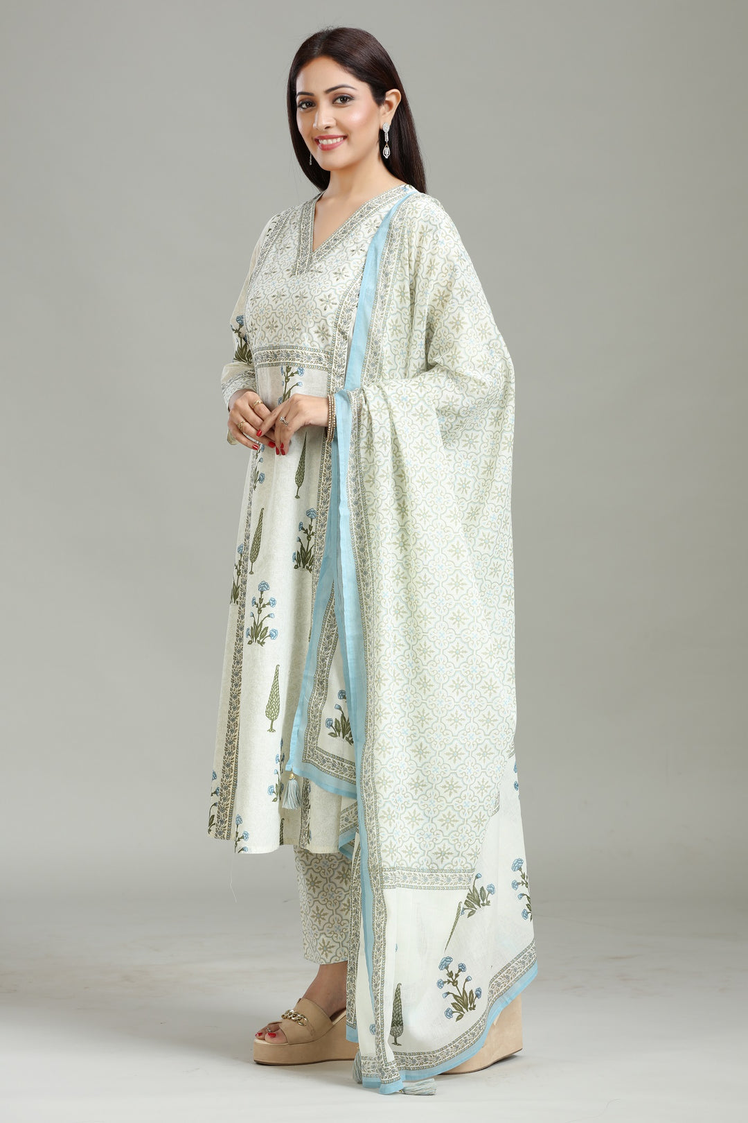 Cream Cotton Printed A Line Kurta Pants and Dupatta Set