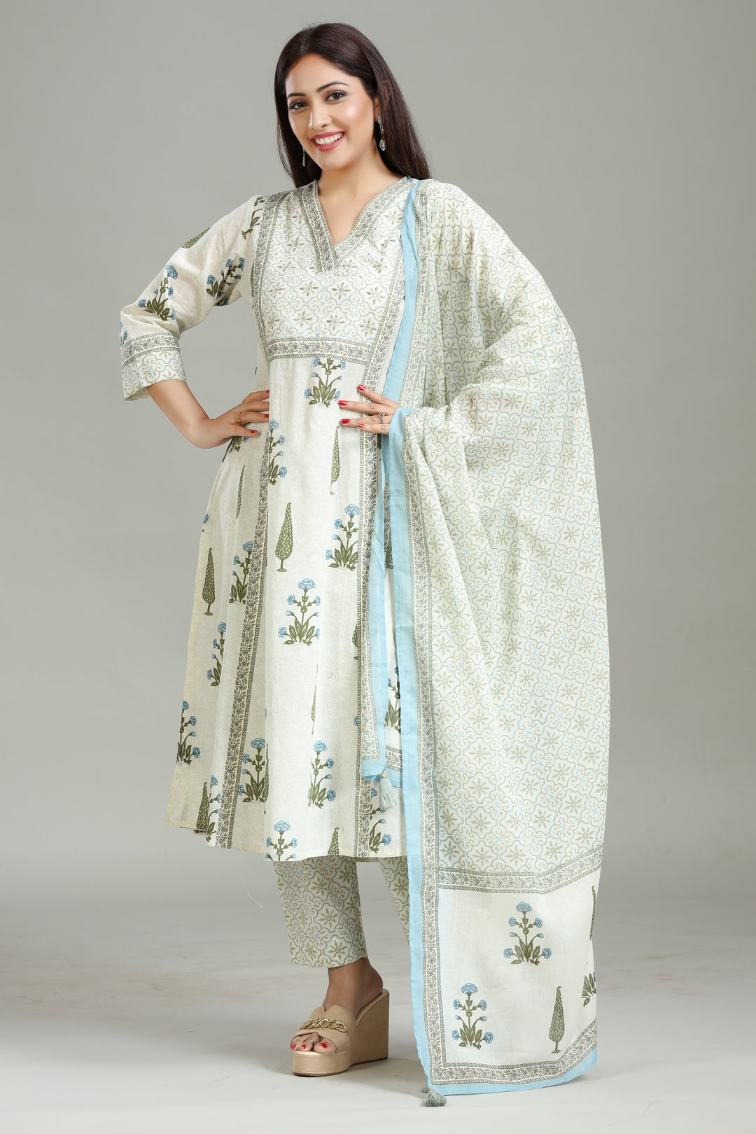 Cream Cotton Printed A Line Kurta Pants and Dupatta Set