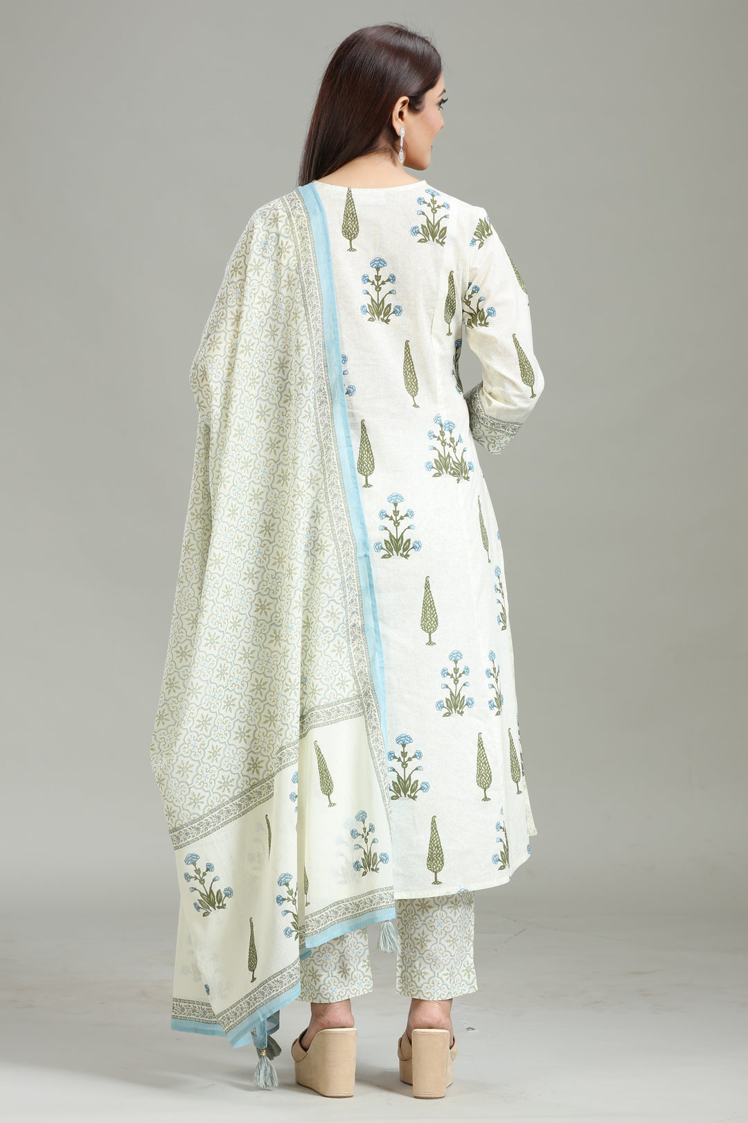 Cream Cotton Printed A Line Kurta Pants and Dupatta Set